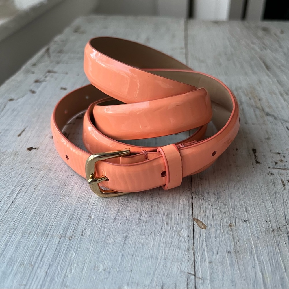 J. Crew Peach Patent Leather Thin Belt with Rounded Square Gold Buckle